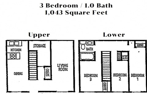 Floor plan for 3 beds, 1 bath, 1043 sqft
